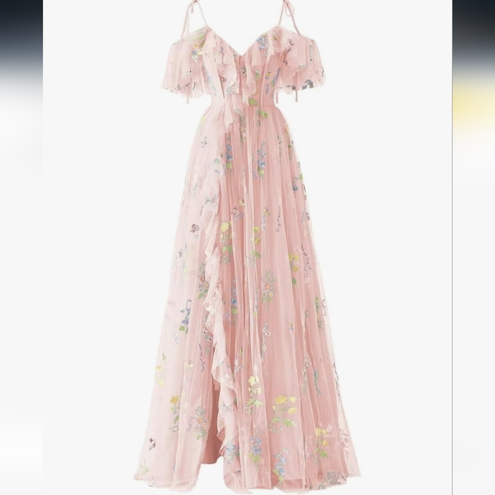 Blush Pink Floral Ruffled Off-Shoulder Maxi Dress